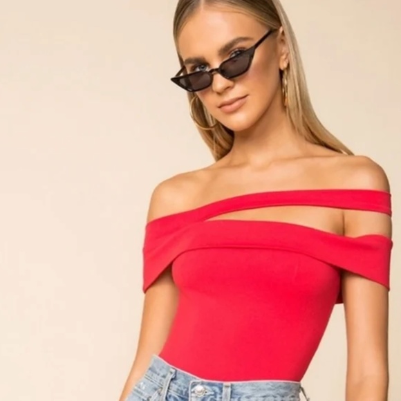 superdown Tops - Revolve Superdown Linda Asymmetric Off the Shoulder Thong Bodysuit Red